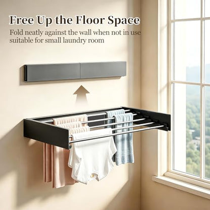 Wall Mounted Foldable Clothes Drying Rack Carbon Steel 5 Rods, Space-Saving Laundry Drying Rack with Wall Template (1, Black, 31.5") - color: Black, size: 31.5"