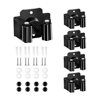 Broom Holder Wall Mount, 4PCS Broom Hanger Wall Mount, Stainless Steel Heavy Duty Mop Holder Broom Mop Hanger Wall with Screws, Garden Outdoor Tool Organizer Rack Broom Hanger (Black)
