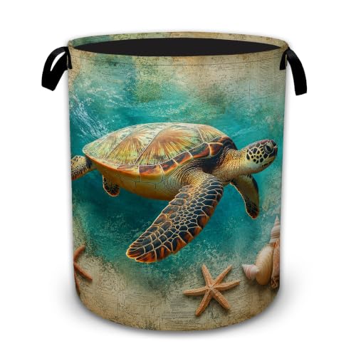 Sea Turtle Beach Large Laundry Hamper, Collapsible Oxford Clothes Basket with Handles, Freestanding Dirty Clothes Organizer for Bedroom Bathroom Dorm Laundry Room, 16 x 20.8 Inch - color: Sea Turtle Beach