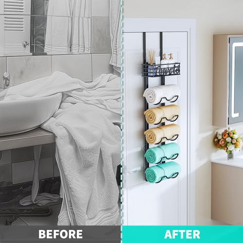 HapiRm Over The Door Towel Rack - 6 Tier Wall Mount Rolled Towel Holder Storage Organizer Shelf with Storage Basket for Small Bathroom, Rv, Camper - Black - size: 6-Tier Wall Mounted
