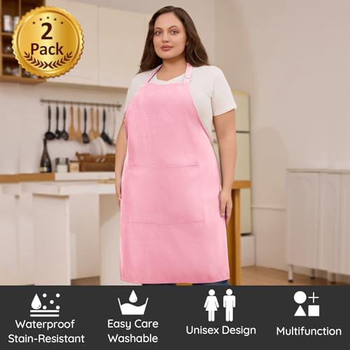 2 Pack Plus Size Waterproof Cooking Chef Apron with 2 Pockets for Men Women - color: Pink