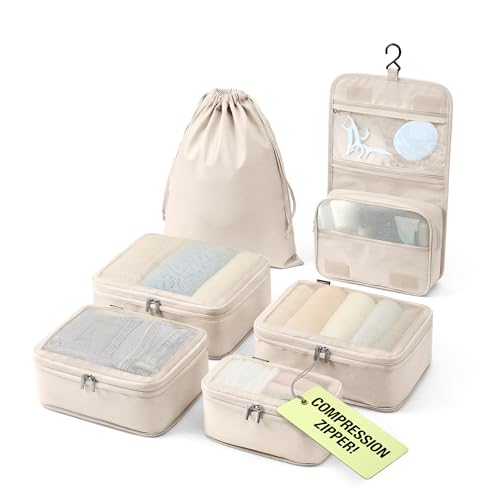 Vandel Compression Packing Cubes for Women, Set with Hanging Toiletry Bag - color: 3. Sand, size: Deluxe Set (4 Cubes + Toiletry & Laundry Bags)
