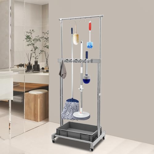 Broom and Mop Holder, Mobile Cleaning Tools Storage Cart with Wheels, Cleaning Supplies Organizer with 5 Slots 12 Hooks and Drip Tray, Janitorial Cart for Home Garage Laundry Room Office