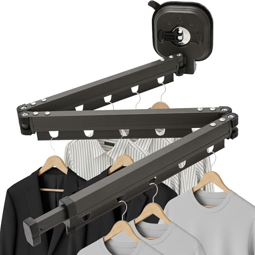 Suction Cup Clothes Drying Rack – Wall Mounted Retractable Clothes Hanger Laundry Organizer, Foldable 360° Space Saver for Indoor Balcony Bathroom Bedroom, No Drilling Tri‑Fold Grey Design