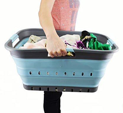 SAMMART 42L (11 gallon) Collapsible Plastic Laundry Basket - Foldable Pop Up Storage Container/Organizer - Portable Basket - Space Saving Hamper/Basket (2, Grey/Sea Angel) - color: Grey/Sea Angel
