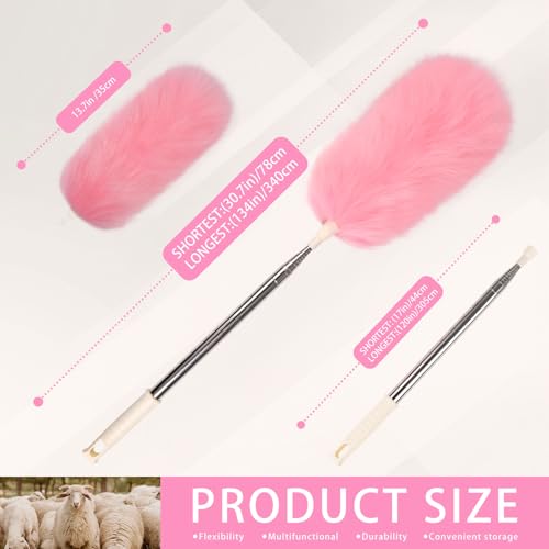 Extendable Lambswool Duster Stainless Steel Handle 133" Removable Feather Duster for Cleaning Ceiling Fans Interior Roof Furniture, Pink - color: Pink, size: 30-133 Inch