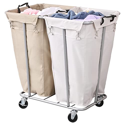 PLKOW 280L 2-Section Rolling Laundry Sorter, Oat and White - color: Oat+White-280L