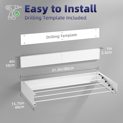 ZMBESUP Wall Mounted Drying Rack 31.5 Inch White, Foldable Retractable Clothes Drying Rack for Laundry Room Organization, Heavy Duty Space Saving Laundry Rack for Apartment Bathroom, 60lb Capacity - size: 31.5"