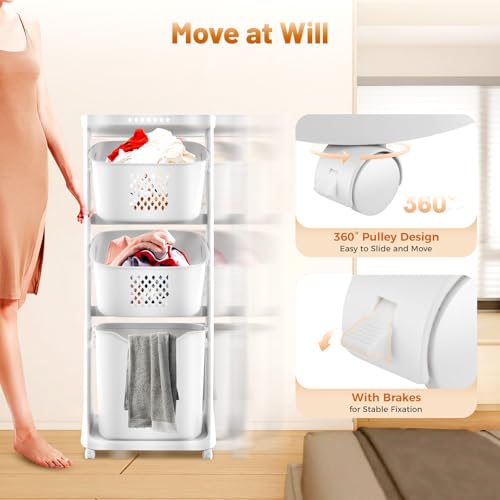 Clothes Hamper 3 Tier Rolling with Top Shelf, PP Plastic Laundry Sorter with Wheels, 3 Section Basket Organizer with Lockable Wheels, Tall Storage Basket for Bedroom Bathroom