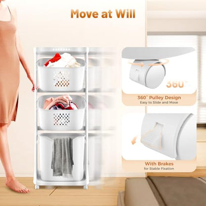 Clothes Hamper 3 Tier Rolling with Top Shelf, PP Plastic Laundry Sorter with Wheels, 3 Section Basket Organizer with Lockable Wheels, Tall Storage Basket for Bedroom Bathroom