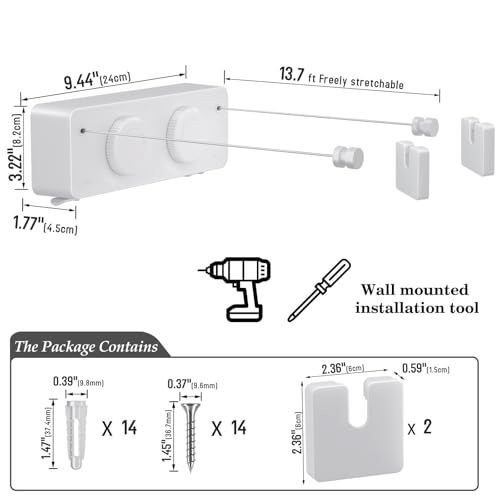 Danpoo Retractable Clothesline, Anti-Sag Adjustable Knob Heavy-Duty Clothes Line for Indoors/Outdoors with 2 * 13.8ft Stainless Steel Wire, Laundry Wall Drying Solutions - style: White