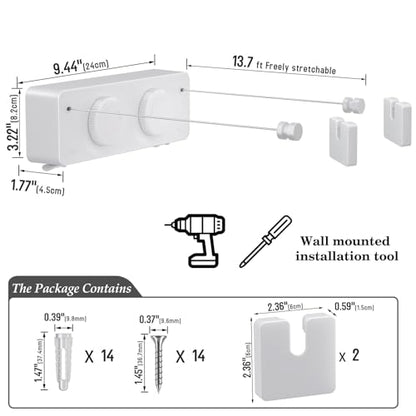Danpoo Retractable Clothesline, Anti-Sag Adjustable Knob Heavy-Duty Clothes Line for Indoors/Outdoors with 2 * 13.8ft Stainless Steel Wire, Laundry Wall Drying Solutions - style: White