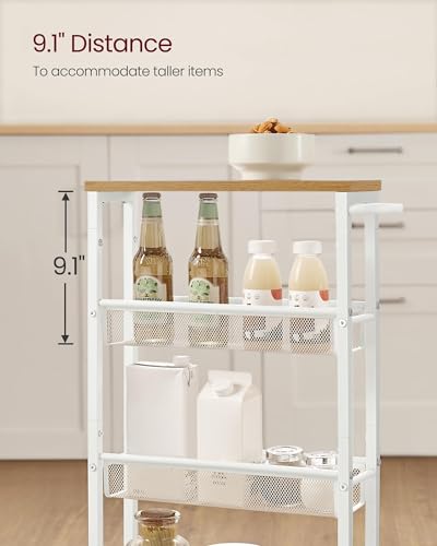 VASAGLE 4-Tier Slim Rolling Storage cart with Wheels, 5.1 Inches, Metal - color: Oak Beige + Classic White, size: 4 Tiers (5.1"D x 30.3"H)
