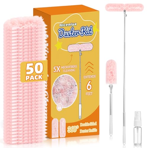 6 ft Extendable Duster Kit with 50 Pink Refills for Swiffer Duster - color: 50 Pink Refills + Extended Handle