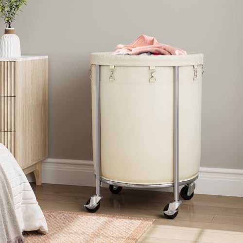 ELYKEN 190L Laundry Basket with Wheels, Steel Frame, Removable Bag, Cream - color: Cream, size: 190L