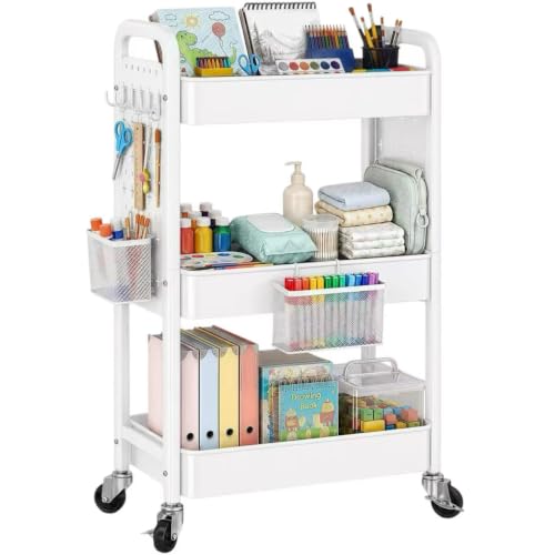 3 Tier White Rolling Storage Cart Metal with DIY Pegboard and Wheels - color: White