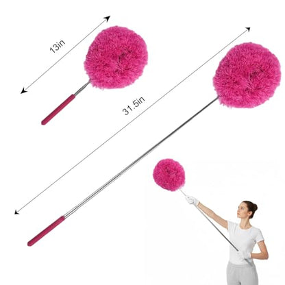 Extendable Feather Duster Telescopic Dust Remover for Home Office Car Furniture High Ceiling Cleaning Multi Purpose Tool(Rose Red,Round Head) - color: Rose Red, size: 12.6 in