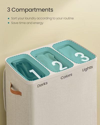 SONGMICS Laundry Basket, 190L Laundry Hamper with Lid, 3 Removable Bags - color: Cappuccino Beige, size: 190 L (3-Section)