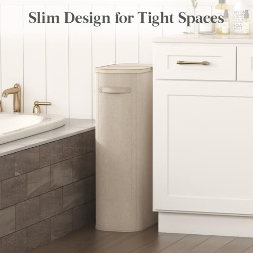 Lifewit Slim Laundry Basket with Lid and Removable Bag, 75L, Beige - color: Beige, size: 75L
