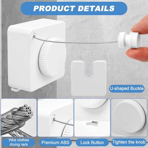 15.7Ft Retractable Clothesline Indoor,Non-Sagging Outdoor Clothesline Retracting,Heavy Duty Retractable Clothes Drying Laundry Line,Wall Mounted Stainless Steel Line with 12 Clips(Color:White) - color: White