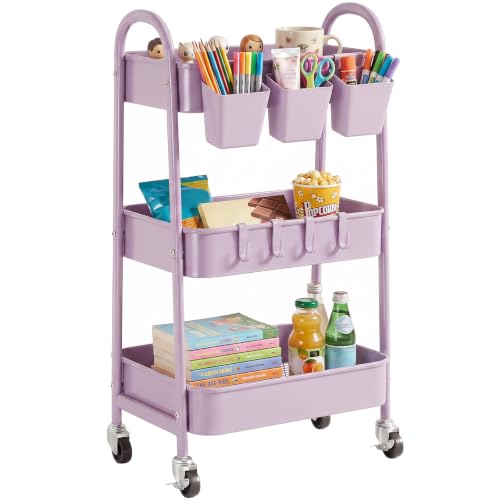 danpinera 3-Tier Rolling Cart, Utility Cart Mobile Metal Rolling Storage Cart with Lockable Wheels & Hanging Cups & Hooks for Kitchen, Bathroom, Office, Workshop, Purple - color: Purple, size: 3 tier
