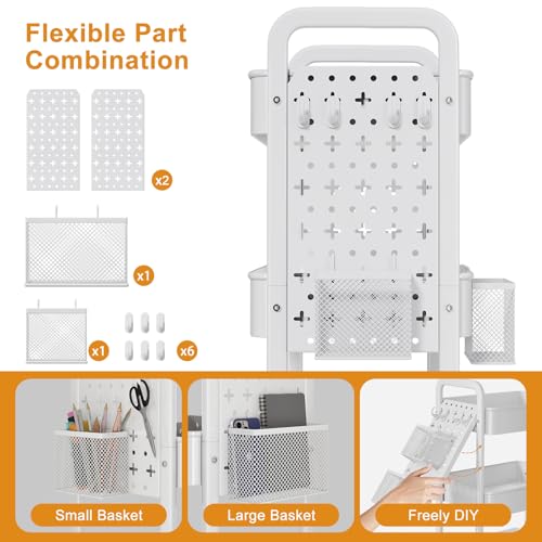 3 Tier White Rolling Storage Cart Metal with DIY Pegboard and Wheels - color: White