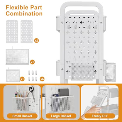 3 Tier White Rolling Storage Cart Metal with DIY Pegboard and Wheels - color: White