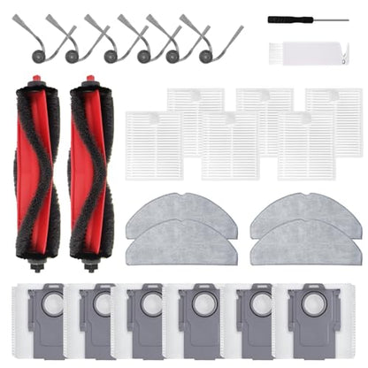 Q7 M5+ Replacement Parts Kit, compatible with Roborock Q7 M5+ and Q7 L5+ robot vacuums. Includes 2 main brushes, 6 side brushes, 6 dust bags and filters, 4 mop pads, 1 cleaning tool, and a screwdriver