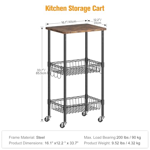 Homeiju Rolling Kitchen Storage Cart, 3-Tier Storage Rack on Caster Wheels with Adjustable 2 Baskets, Coffee Station Cart Rack Shelf Organizer for Living Room Office, Balcony, Rustic Brown/Black