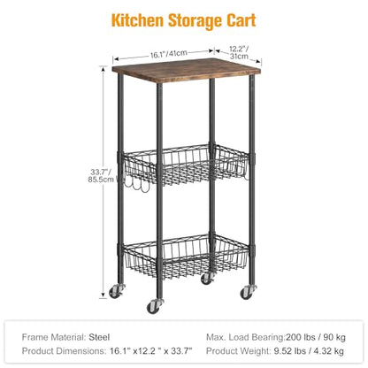 Homeiju Rolling Kitchen Storage Cart, 3-Tier Storage Rack on Caster Wheels with Adjustable 2 Baskets, Coffee Station Cart Rack Shelf Organizer for Living Room Office, Balcony, Rustic Brown/Black