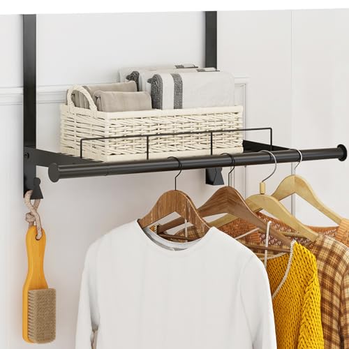 Over The Door Hanger with Storage Rack and 2 Hooks, Metal Over The Door Hanger for Clothes, Clothing Rod Drying Racks for Laundry, Bedroom, Bathroom, Living Room,Office,Fits Door Up to 1.77" - size: 24.8inch(L)