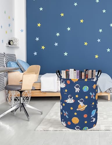Foldable Waterproof Round Fabric Laundry Basket Home, Yellow Star Astronaut - color: Round-Yellow Star Astronaut