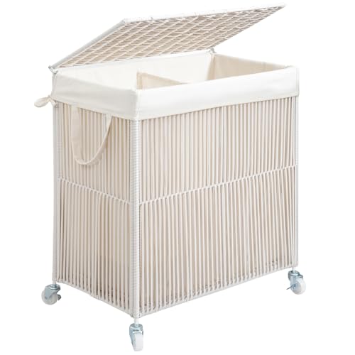 WOWLIVE Rolling Laundry Basket Wheels, Handwoven Laundry Hamper with Lid - color: Creamy White, size: 115L(22 x 13 x 26.4 Inches)