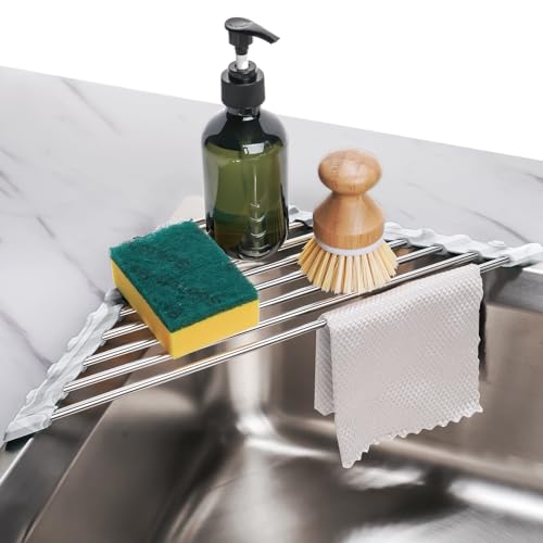 Tomorotec Marble Triangle Roll-Up Dish Drying Rack for Sink Corner - Small, Foldable, Stainless Steel, Multipurpose Kitchen Drainer Caddy, Trivet, Rustproof Organizer, Storage Shelf - color: Marble