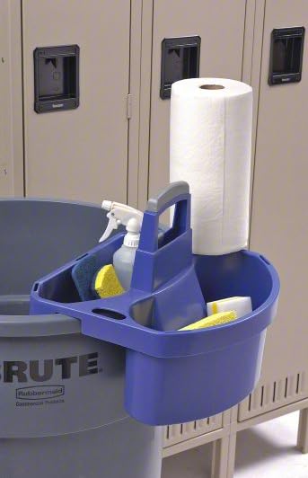 Blue Polypropylene Janitorial Cleaning Caddy with Paper Towel Holder, 15" L x 14" W x 14" H Fits Many Size Trash Garbage Bins, Includes Compartments For Clothes, Sponges, and Other Cleaning Supplies