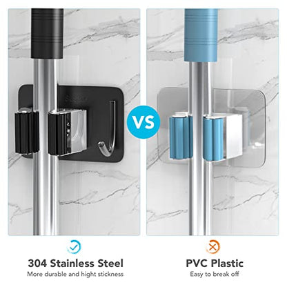 homeasy Broom Holder Wall Mount 4Pcs, Self Adhesive Mop Broom Hanger - color: Black Mix