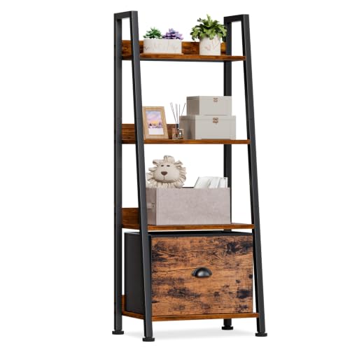 Furologee 4 Tier Ladder Shelf, Small Bookshelf with Drawer, Rustic Brown - color: Rustic Brown, size: 4-Tier, 15" W