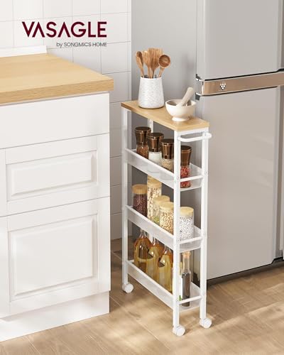 VASAGLE 4-Tier Slim Rolling Storage cart with Wheels, 5.1 Inches, Metal - color: Oak Beige + Classic White, size: 4 Tiers (5.1"D x 30.3"H)