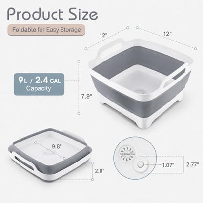 Collapsible Dish Basin with Drain Plug, Foldable Wash Basin 2.4 Gal (9L) - color: Gray