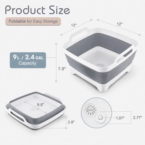 Collapsible Dish Basin with Drain Plug, Foldable Wash Basin 2.4 Gal (9L) - color: Gray