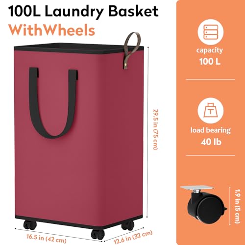 SpaceTrove Rolling Laundry Basket with Wheels, Laundry Hamper, 100L, Red - color: Red, size: 100L