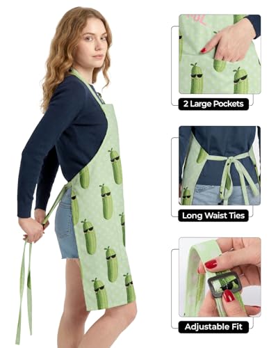 Women Apron, Cute Kitchen Aprons for Women, Girls - color: Light Green Humorous Pickle