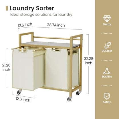 SwaaVee Laundry Sorter, Laundry Hamper with Wooden Top Shelf, 2×14.5Gal(110L), Metal Frame laundry basket with wheels, Pull out and Removable Laundry Bags, 2 Bags-Golden - color: Gold