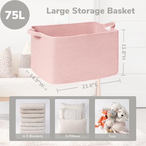Goodpick Large Woven Rope Blanket Basket, Rectangle, Pink, 75L - color: Pink, size: Large(21.6"L x 14.9"W x 11.8"H)