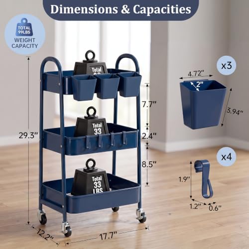 danpinera 3-Tier Rolling Cart, Utility Cart Mobile Metal Rolling Storage Cart with Lockable Wheels & Hanging Cups & Hooks for Kitchen, Bathroom, Office, Workshop, Dark Blue - color: Dark Blue, size: 3 tier