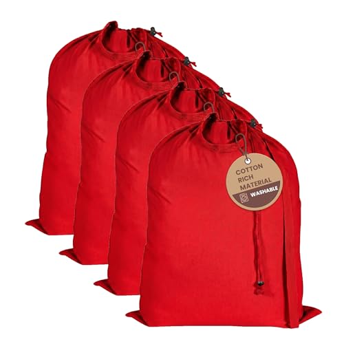 LFH Home Cotton Rich Large Premium Canvas Laundry Bag, Heavy Duty Washable Laundry Hamper with Drawstring & Handles, Multi-Use Clothes Storage for Home, Travel & College, 20"x30" (Pack of 4) - Red - color: Red, size: 20"x30" (Pack of 4)