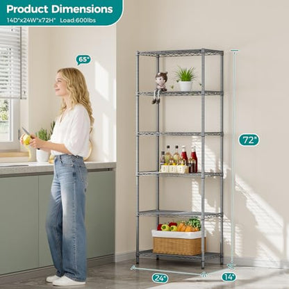 SINGAYE 6 Metal Shelves Wire Shelving Storage Shelf Adjustable Unit Pantry - color: Grey, size: 6 Tier 14"Dx24"Wx72"H