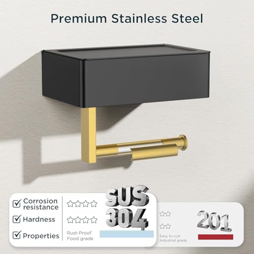 FORIOUS Toilet Paper Holder with Shelf, Wall-Mounted Modern Wipes Dispenser - color: Matte Black & Brushed Gold, size: Big 1 Pack-8" (L)