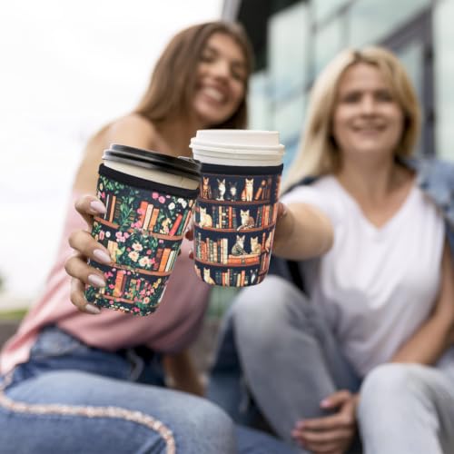 Reusable Insulated Neoprene Iced Coffee Cup Sleeve, Durable Drink Sleeve for Cold Beverages, Beverage Holder for Iced Coffee (Cat Library) - color: Cat Library