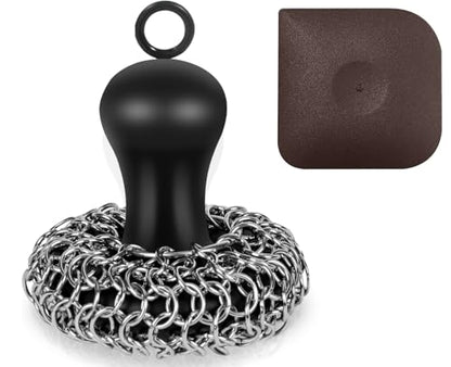Herda Cast Iron Cleaner Scrubber +Pan Scraper, Patented Chain Mail Scrubber - color: Black